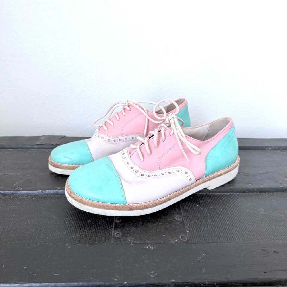 Kids Multicolor Wingtip Oxford Shoes Size 33 3.5‎ Pastel Pink Blue & White Retro